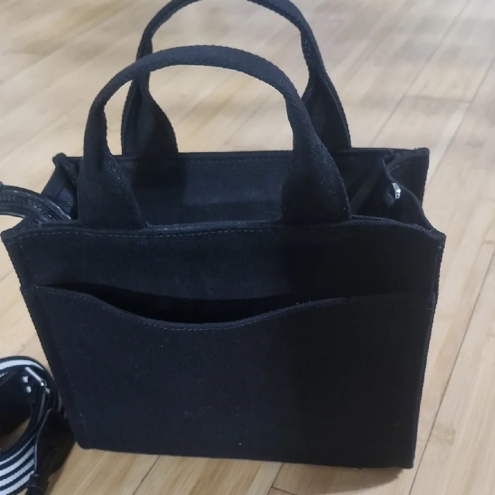 DKNY Black Canvas Tote with Striped Strap (Used Once ,too Small) - Picture 4 of 6